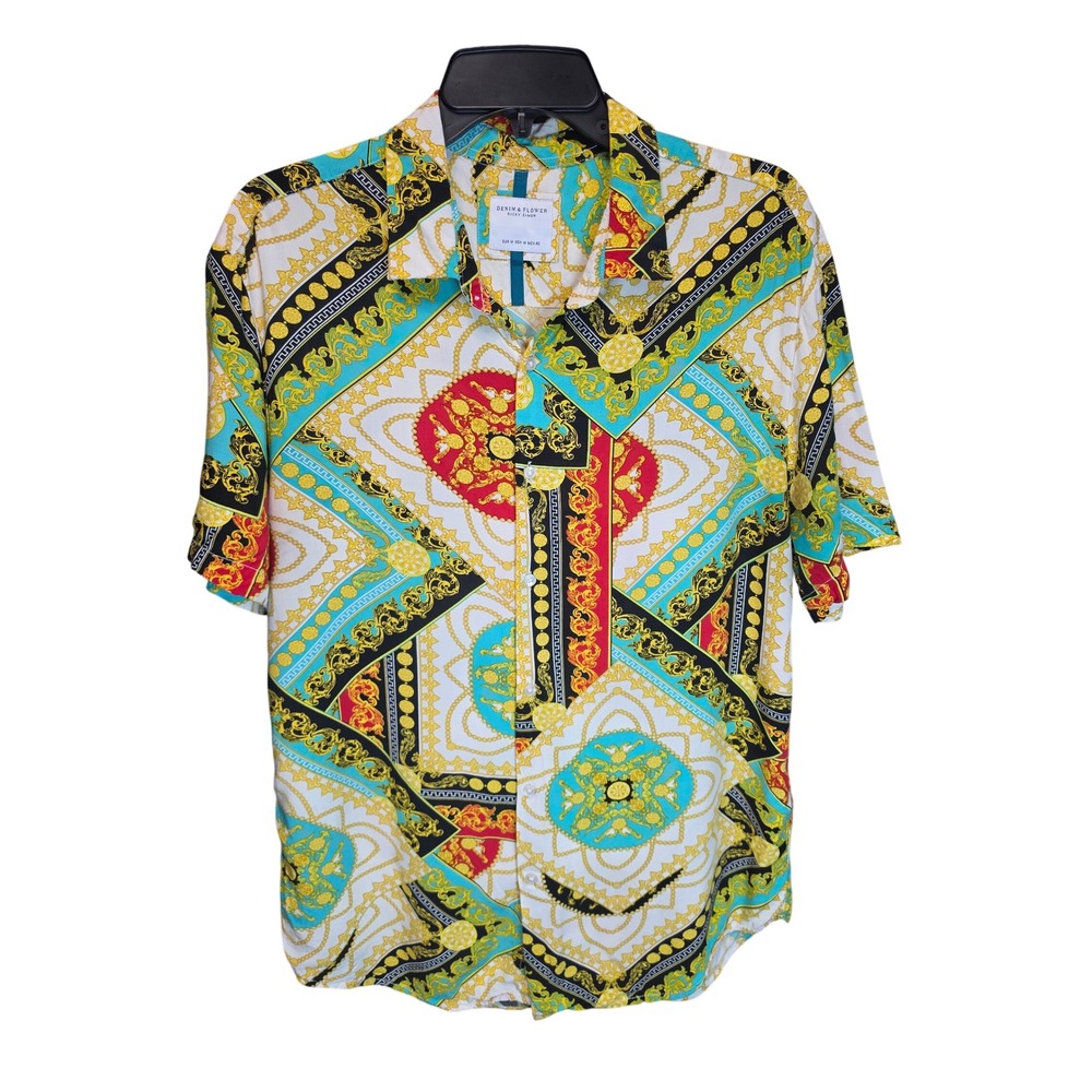 Denim & Flower Ricky Singh Mens Baroque Chain Print Viscose Button Up Shirt M - Picture 2 of 5